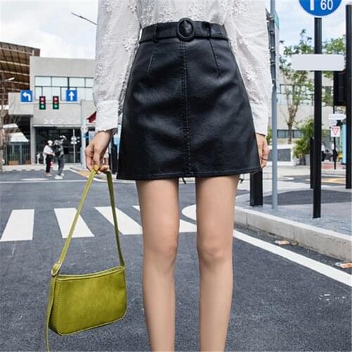 Chic Fashion Solid Women PU Skirt Sexy Package Hip Ladies High Waist PU Leather Skirts Casual Sashes Elegant A-line Mini Skirt