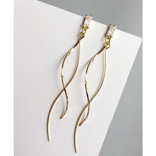 Women Metal Long Gold Plated Tassel Zircon Drop Dangle Earrings Elegant Jewelry