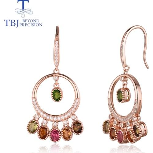 TBJ,High quality natural multi-color tourmaline 925 sterling silver hook earring for girl birthday party or daily wear nice gift