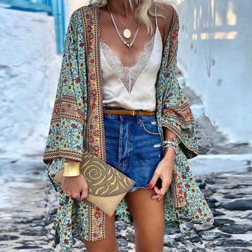 Vintage Chiffon Cardigan Women Autumn Ethnic Style Long Sleeve Loose Beach Wear Blouse Top Elegant Cover Up Vacation Shirt