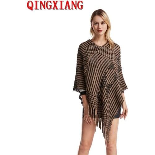 2021 Winter Big Pendulum Knitted Sweater Outstreet Triangle Tassel Pullover Women V Neck Diamond Loose Poncho