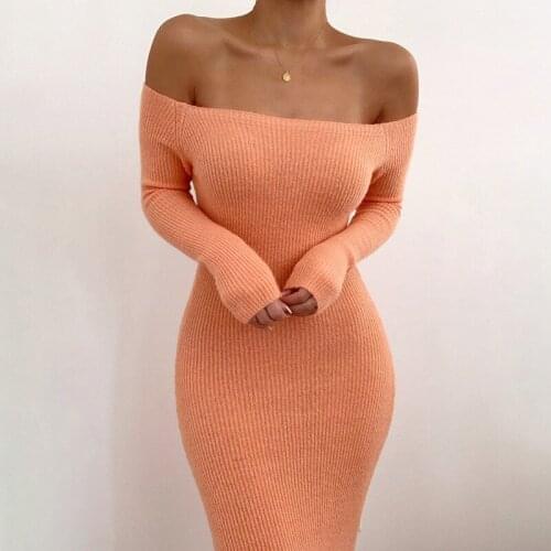 Echoine Spring Long Sleeve Sexy Off Shoulder Midi Dres Ladies Knitted Ribbed Skinny Bodycon Vintage Dresses Elegant Vestidos New