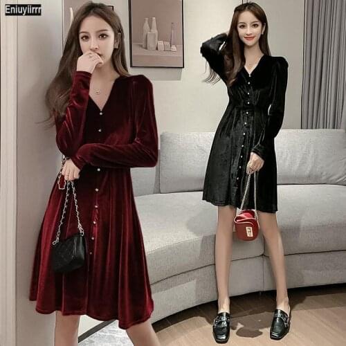 Women Winter Spring Basic A Line Mini Little Black Velvet Dress 3006