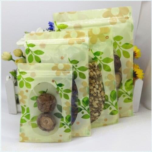 100pcs/lot 12*20cm 16*24cm Tea Snack Clear Ziplock Packaging Bags Green Leaf Heat Seal Plastic Valve Resealable Bag
