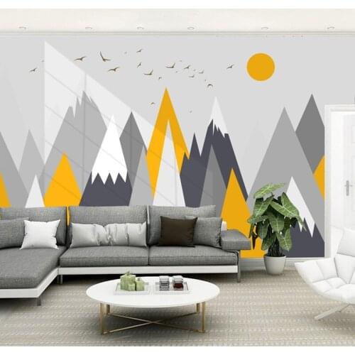 Bacaz Yellow Geometry Abstract Wallpaper Sun Birds Mountain Mural for Bedroom Sofa Background 3d Wall Cartoon Mural Wall paper