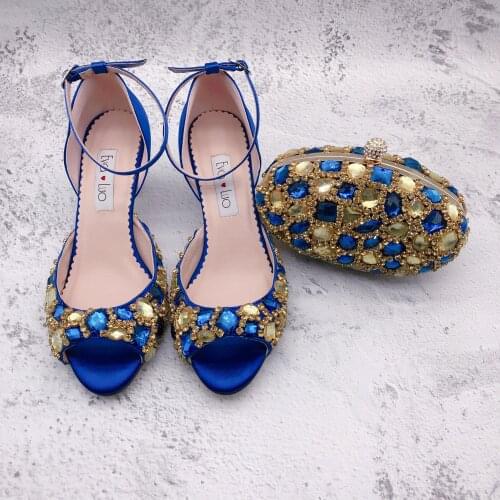 BS1314 Custom Made Women Bridal wedding Shoes Open Toe Royal Blue Stones Shoes with Matching Bags Set