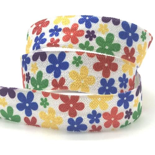 5Yards 16mm Colorful flowers printed Fold Over Elastic Baby Headband Girls Hair ties Hair Accessories Craft Supply