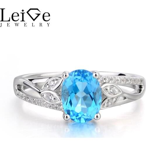 Leige Jewelry Swiss Blue Topaz Ring Wedding Ring Oval Cut Blue Gemstone November Birthstone 925 Sterling Silver Romantic Gifts