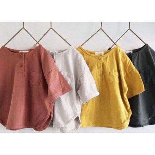 2021 Summer Korean Childrens Clothing New Boys and Girls Front Buckle Short Sleeve Casual Loose T-shirt