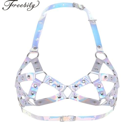 Punk Gothic Chain Metal Holographic Bra Top Harness Straps Hologram Rainbow PVC Vinyl Bondage Waist Belt