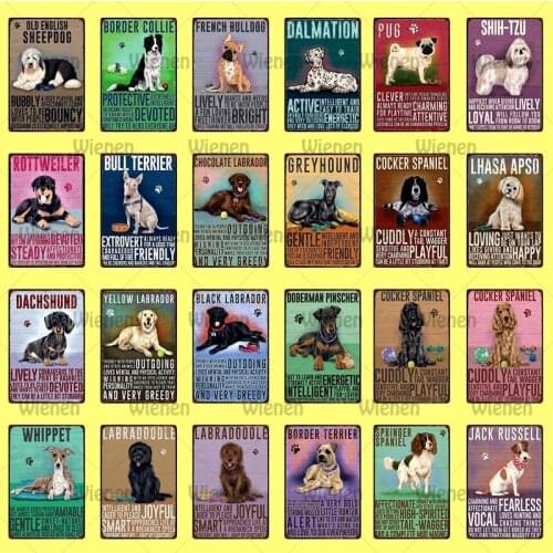 Retro Style Pet Metal Sign Cartoon Dogs Pug Dachshund Border Collie Greyhound Metal Tin Decor Posters Art Vintage Mural Painting