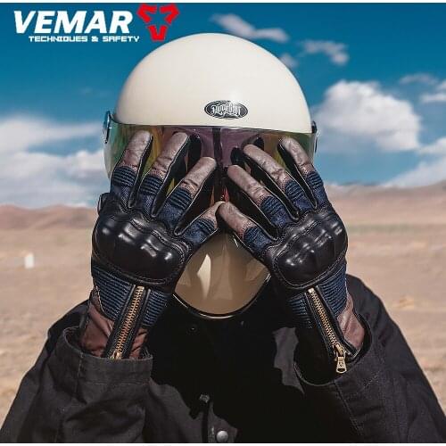 VEMAR Retro Denim Motorcycle Leather Gloves Men Goatskin Motorbike Knight Racing Gloves Zipper Design City Riding Guantes Moto