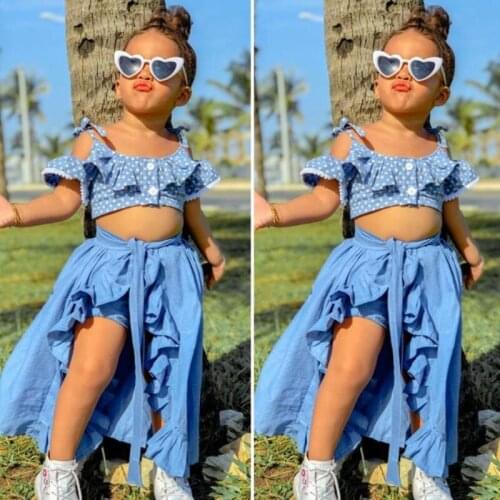Girls Outfit Blue Wave Dot Girls Skirt Suit Bare Shoulder Flounces Bowknot Shoulder Strap Short Sleeve Button Summer Clothing