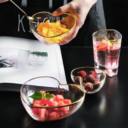 Nordic Creative Heart Shaped Glass Bowl Mug Transparent Phnom Penh Crystal Bowl Breakfast Fruit Salad Bowl Household Dinnerware