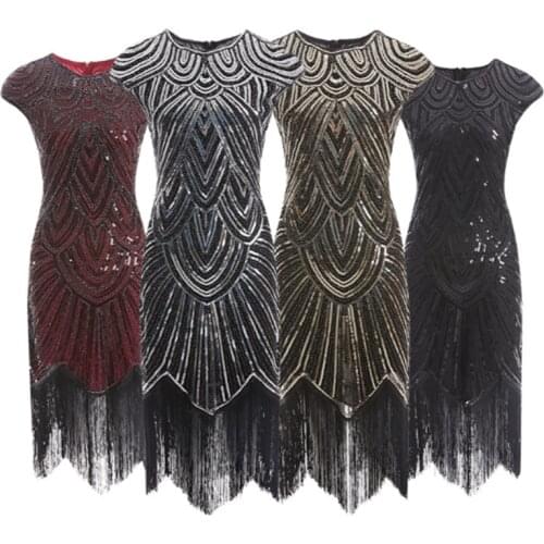 Womens 1920s Vintage Flapper Great Gatsby Party Dress V-Neck Sleeve Sequin Fringe Midi Dresses Summer Art Deco Embellished