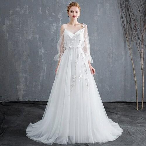 A-line Wedding Dress With Short Train Half Puff Sleeve Tulle Vestido De Novia V-Neck Women Bride Dresses Bridal Gown 2021