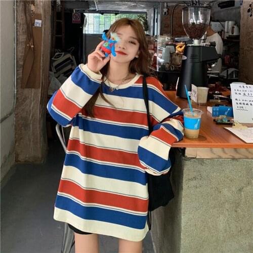 Womens Autumn Korean Fashion Loose Large Size Striped Long Sleeve Pullover Sweatshirts Thin y2k Tops Harajuku Itself Kawaii