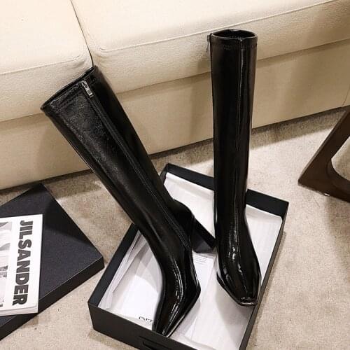 2020 INS Luxury Women Beige Block High Heels Thigh High Boots Winter Patent Leather Knee High Boots Riding Boots Designer Shoes
