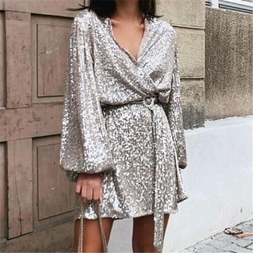 Sexy Women V-Neck Sequined Dresses 2021 Fashion Ladies Lantern Sleeve Mini Dress Elegant Female Chic Belt Asymmetric Vestidos