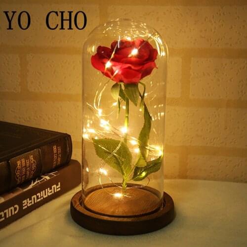 YO CHO Beauty And The Beast Silk Red Rose In A Glass Dome On A Wooden Base For Valentines Gifts LED Rose Lamps Christmas Decor