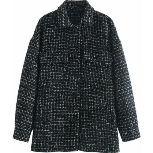 Women Autumn Fashion Plaid Za Textured Black Overshirt Female Stylish Pockets Single Breasted Jackets Girls Thick Outwear