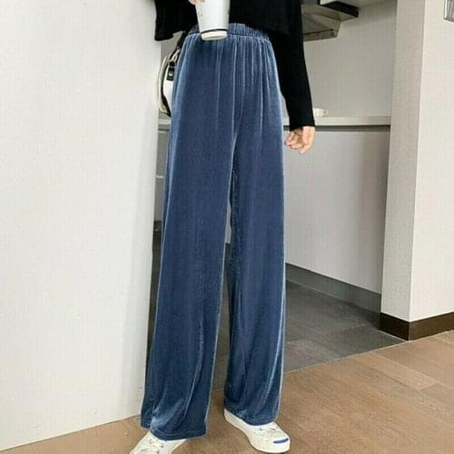 Women Velvet Pants Wide Leg Trousers Plazzo Elastic Waist Straight Lounge