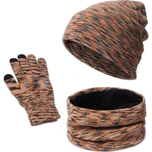 Women Men 3 Pieces Winter Warm Beanie Hat Circle Scarf Touch Screen Gloves Set Colorful Knitted Plush Lined Skull Cap Neck Warm
