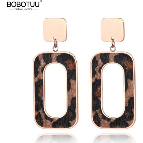 BOBOTUU Exaggerated Style Stainless Steel Jewelry Leopard Print Horse Hair Pasted Rose Gold Stud Earrings For Women BE18461