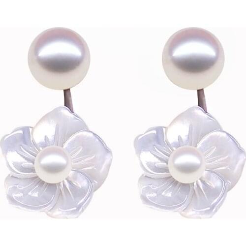 S925 Sterling Silver High gloss Natural Pearls Earrings Deep sea shell rose Stud Earrings sweet Girls earring Free shipping