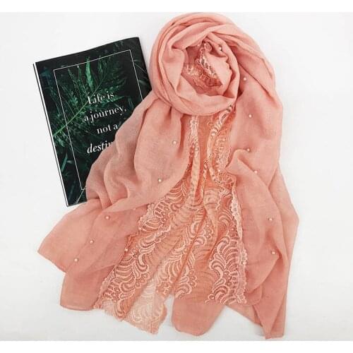 Women hijab scarf cotton shawl solid color lace pashmina pearl scarves muslim hijab fashion plain head scarf 9 color 20pcs/lot