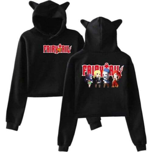Fairy Tail Short Cropped Hoodies Women Sweatshirt Cat ears Anime Sweatshirt Girls Harajuku Crop Top Hooded Hoody Female Clothes