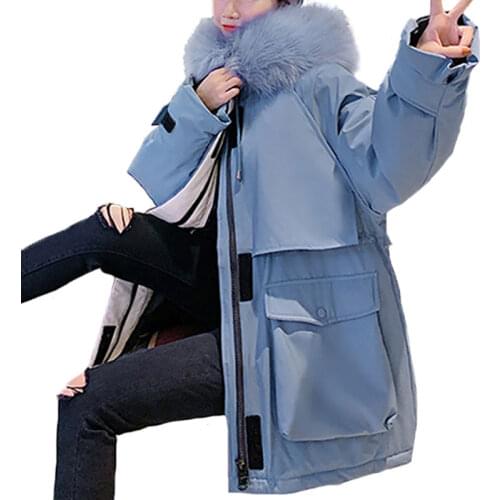 Winter New Women Cotton Coat Long Hooded Fur Collar Down Cotton Padded Thick Parka Jacket Female Korean Loose Casual Big Pocket