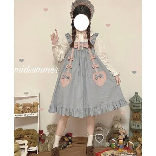 New Japanese Lolita Soft Girl Cute Love Bowknot Vest Dresses Vintage Kawaii Suspender Loose Ruffle Baby Doll Dress For Women Y2k
