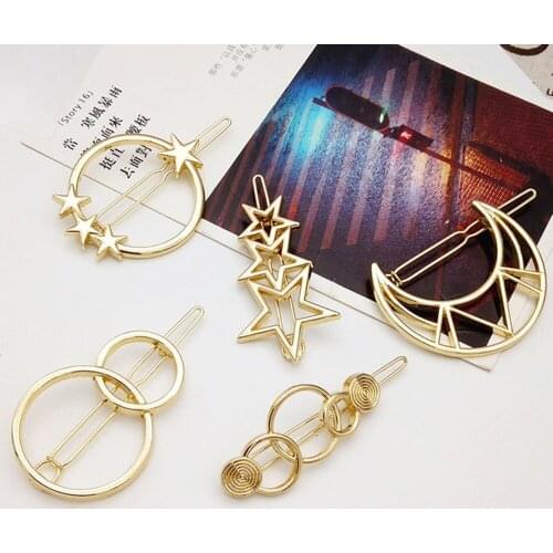 1PC Europe and United States Women Simple Hollow five-pointed Star Moon Geometry Hair Clip Metal Hairpin Girls Hair accessories