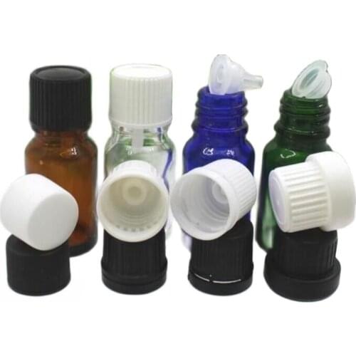 10ml 50pcs green/blue/brown/clear glass bottle plastic lid tamper evidence child proof essential oil liquid essence skin packing