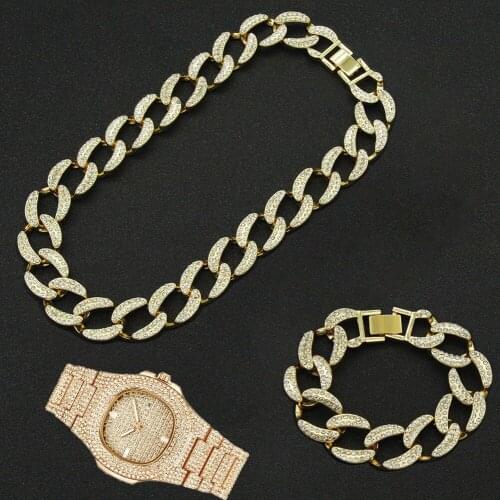 19MM 3pcs Kit Hip Hop Full Iced Out Paved Rhinestone Choker Cuban Rapper Necklace+Watch+Bracelet For Men Women Jewelry