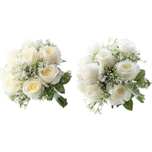 83XC Artificial Flower Roses with Babysbreath Leaves Wedding Bridal Bouquet Realistic Faux Plants Table Centerpiece Garden Party