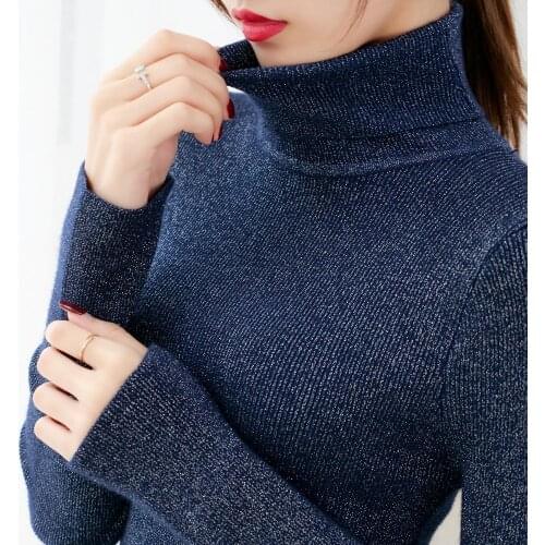 Shiny Lurex Turtleneck Sweater Women Knitted Warm Pullover Sweaters Long Sleeve Autumn Winter Slim Jumper Soft Pull Femme