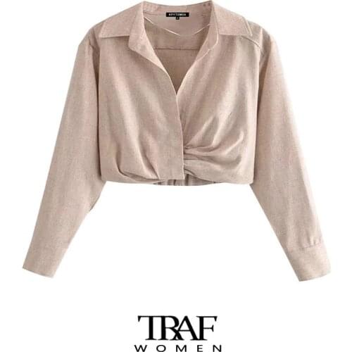 TRAF Za Women Fashion With Pleats Linen Cropped Blouses Vintage Long Sleeve Side Zipper Elastic Hem Female Shirts Chic Top
