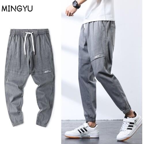 Brand 2021 New Summer Cotton Casual Baggy Jeans Men High Quality Denim Joggers Streetwear Thin Grey Harem Jean Trousers 28-38