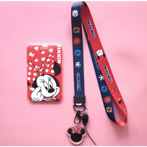 Disney Minnie Mickey Mouse Cartoon Hanging Neck card cover Students ID Card Holder with Drawstring