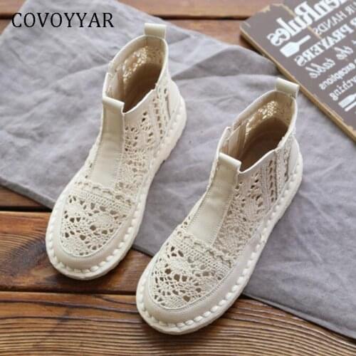 COVOYYAR 2021 Lace Women Boots Autumn Shoes Woman Cut Out Embroidered Lady Booties Flat Casual Shoes WBS121