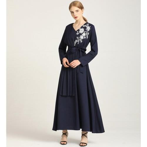 2 Colours Elegant Dark Blue Blossom Embroidered Flower Slim Dress Full Sleeve Ankle-Length Muslim Women Bisht Shrugs Loose