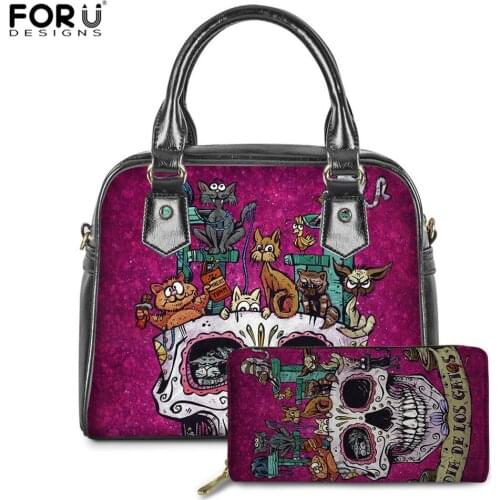 FORUDESIGNS Sugar Skull Pet Animals Printing 2Set/Pcs Handbags Purse Women Ladies Tote Bag Luxury PU Shoulder Bag Bolsa Feminina