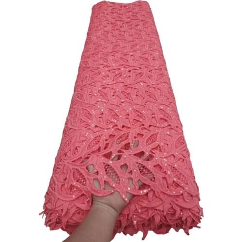 Latest Cord Lace fabric 2020 High Quality African Guipure Lace with Sequins Embroidery Nigerian Mesh Lace fabric 5Yards Peach