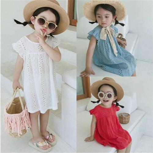 Girls Lace Princess Dress 2019 Summer New Children Fly Sleeveless Solid Color Dresses for 3 - 8 Years Cotton A-line Casual Dress