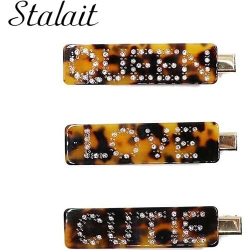 Leopard Acrylic Hair Clips Rectangle Inlay Rhinestone Letter Love Hairpin Leopard Pattern Women Hair Accessories Barrettes