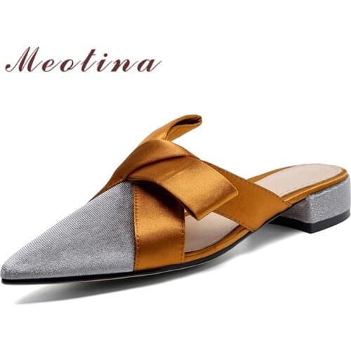 Meotina Flat Sandals Pointed Toe Mules Summer Bow Ladies Slides Women Shoes Fashion Flat Slippers Ladies Footwear 2021 Gray