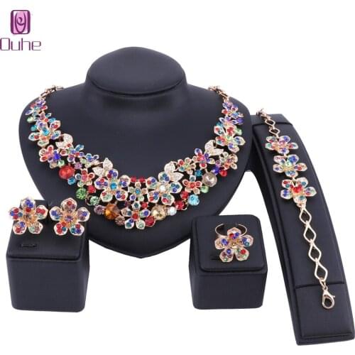Colored Flower Gold Plating Rhinestone Jewelry Sets African Beads Women Party Statement Big Necklace Bracelet Earrings Ring Prom
