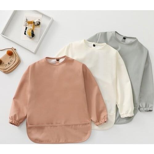 Solid Color Waterproof Bib with Pocket Baby Infants Long Sleeve Feeding Drawing Painting Apron Newborn Smock Burp Cloth for Boys